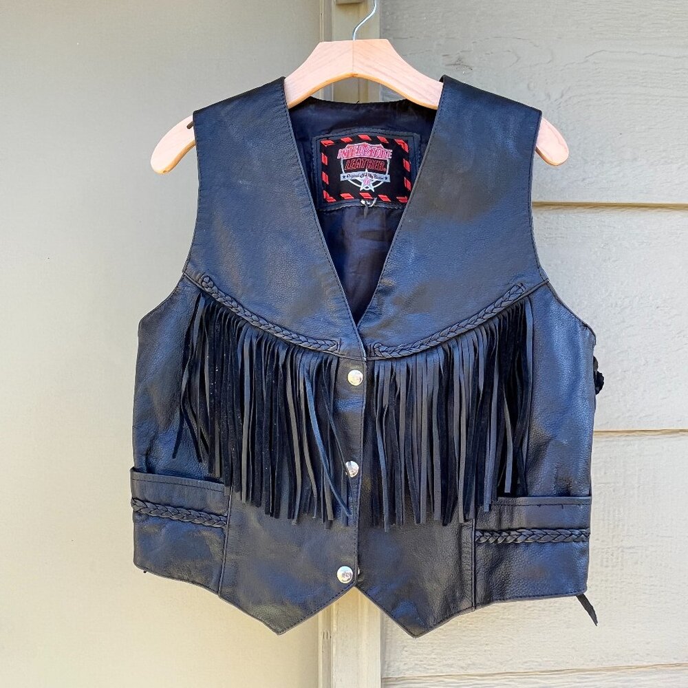 Interstate Leather button up fringe vest, side lashes - size L VGUC